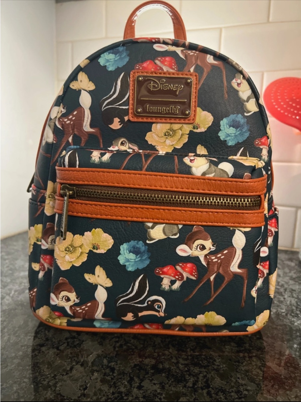 Loungefly Navy Bambi Floral Mini Backpack with Tan Trim